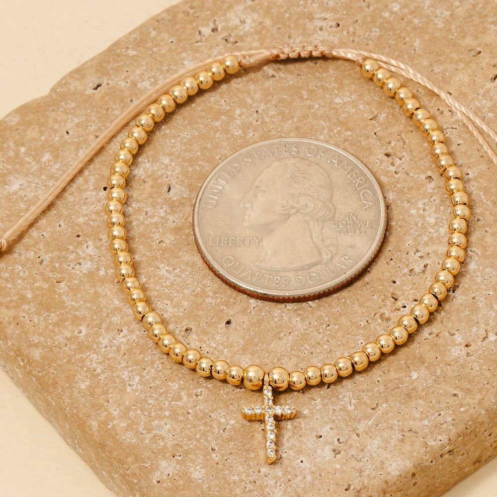 Gold Cross Charm Beaded Cord Bracelet
