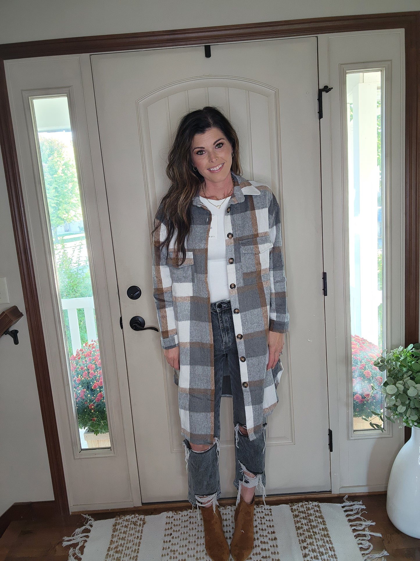 Long Plaid Lapel Shacket