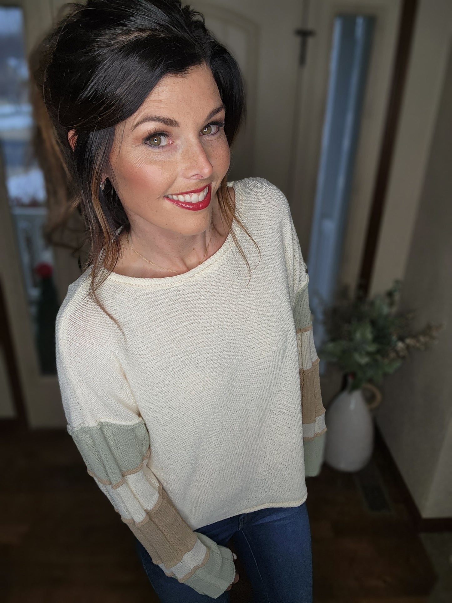 Sage + Taupe Striped Sleeve Sweater