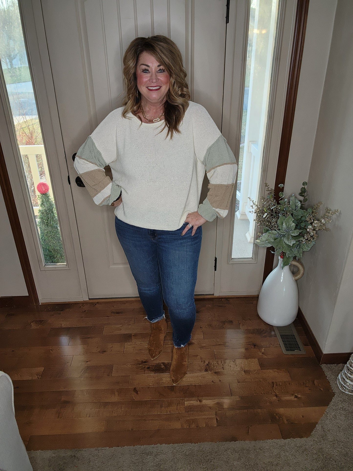 Sage + Taupe Striped Sleeve Sweater