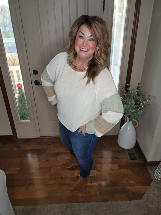 Sage + Taupe Striped Sleeve Sweater