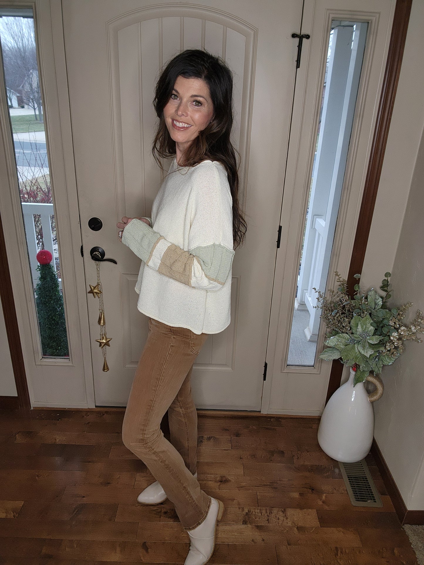 Sage + Taupe Striped Sleeve Sweater