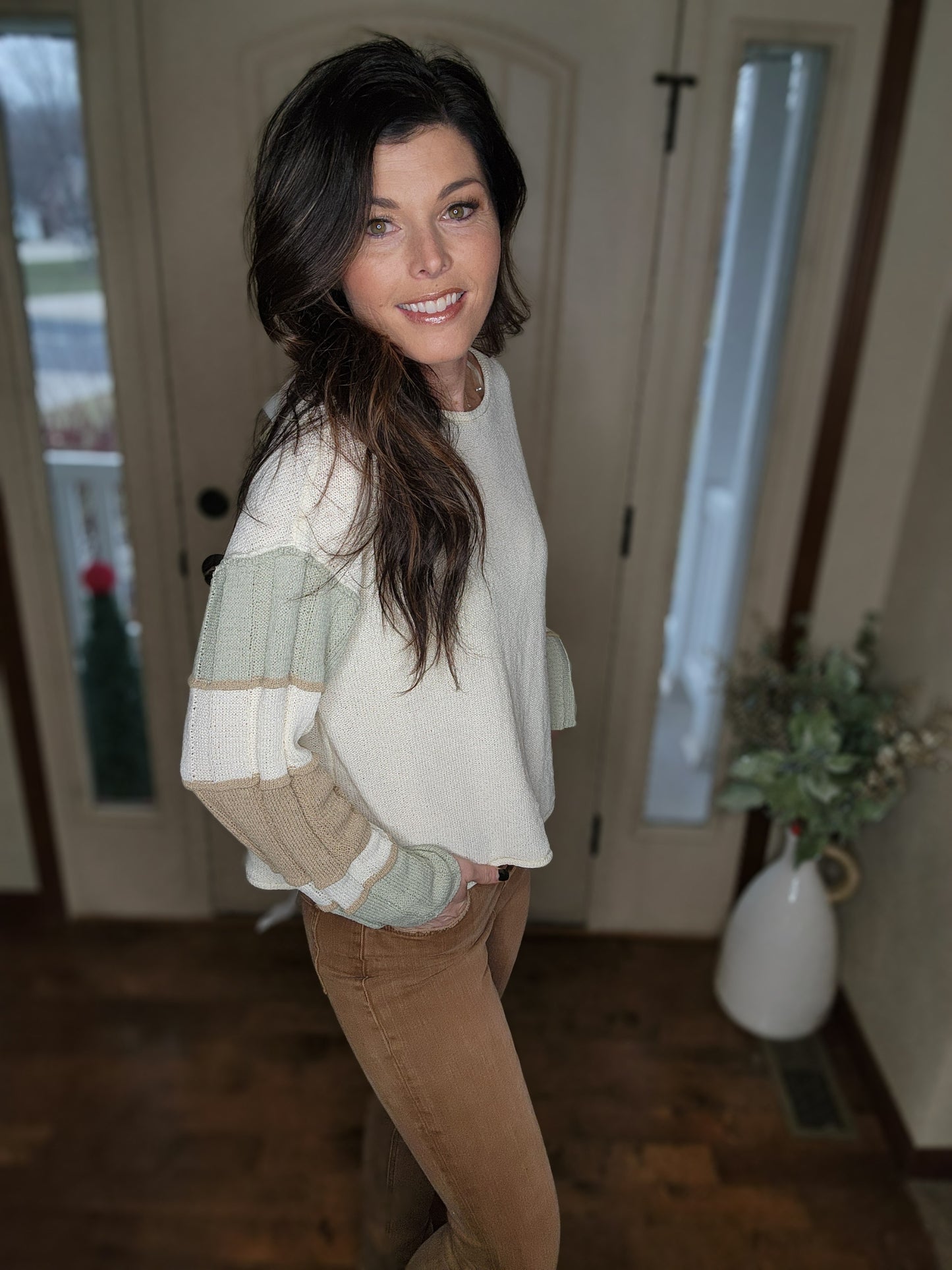 Sage + Taupe Striped Sleeve Sweater