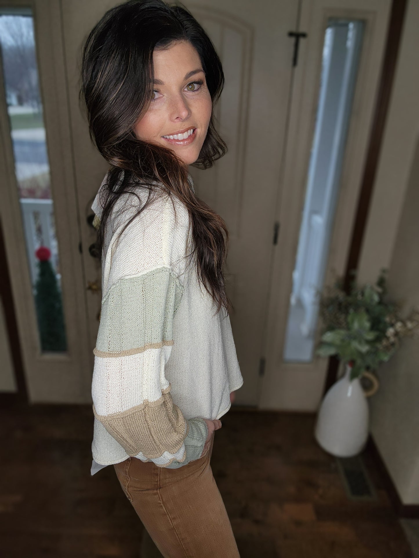 Sage + Taupe Striped Sleeve Sweater