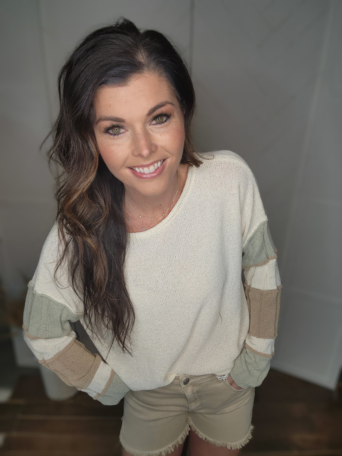 Sage + Taupe Striped Sleeve Sweater