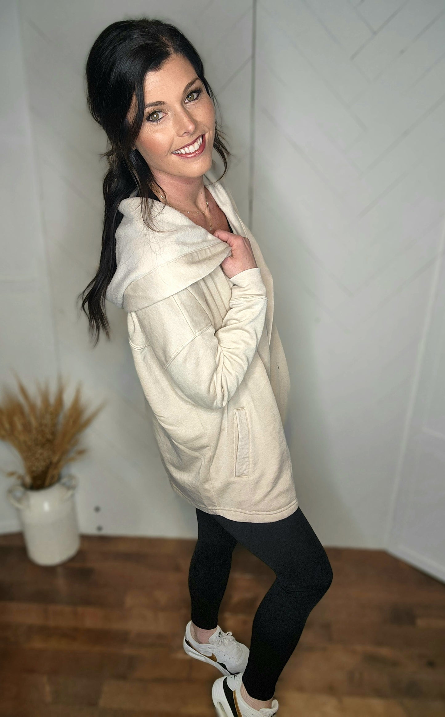 Fleece Hooded Cardigan: Tan