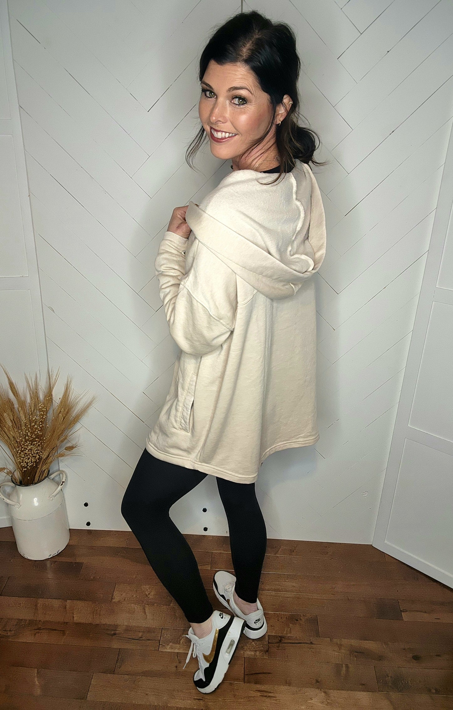 Fleece Hooded Cardigan: Tan