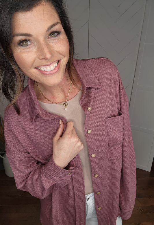 Waffle Knit Pocket Button Down: Lilac