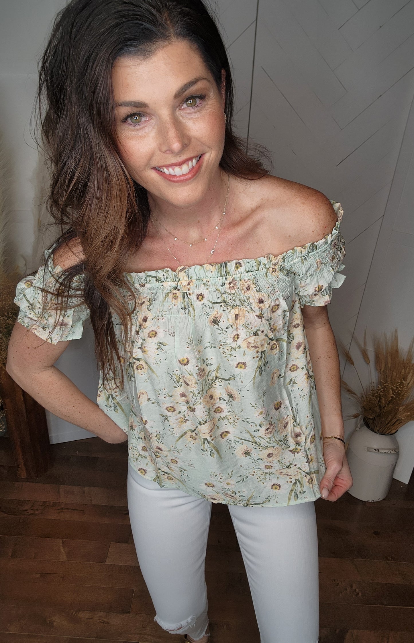 Seafoam Floral: Off the Shoulder Blouse