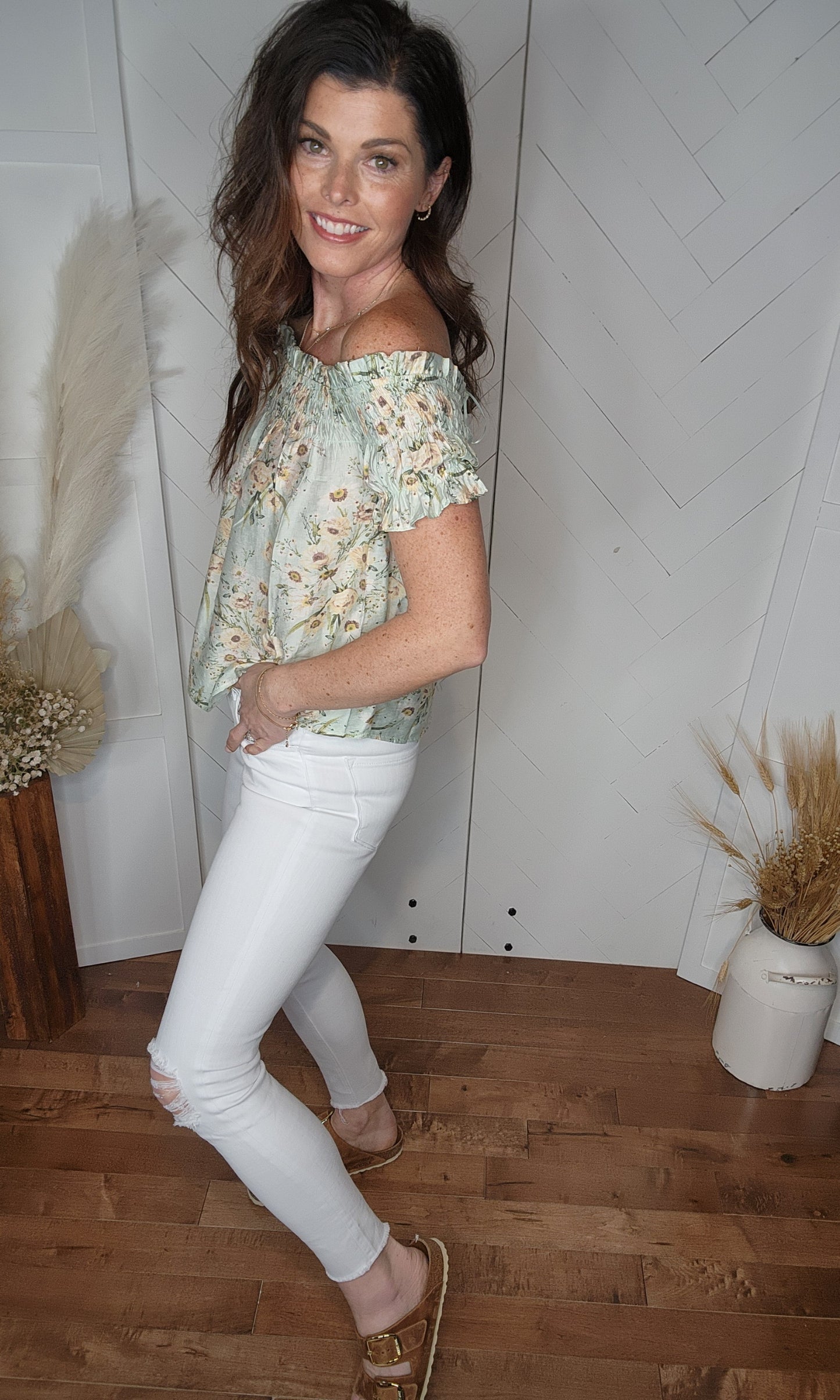 Seafoam Floral: Off the Shoulder Blouse