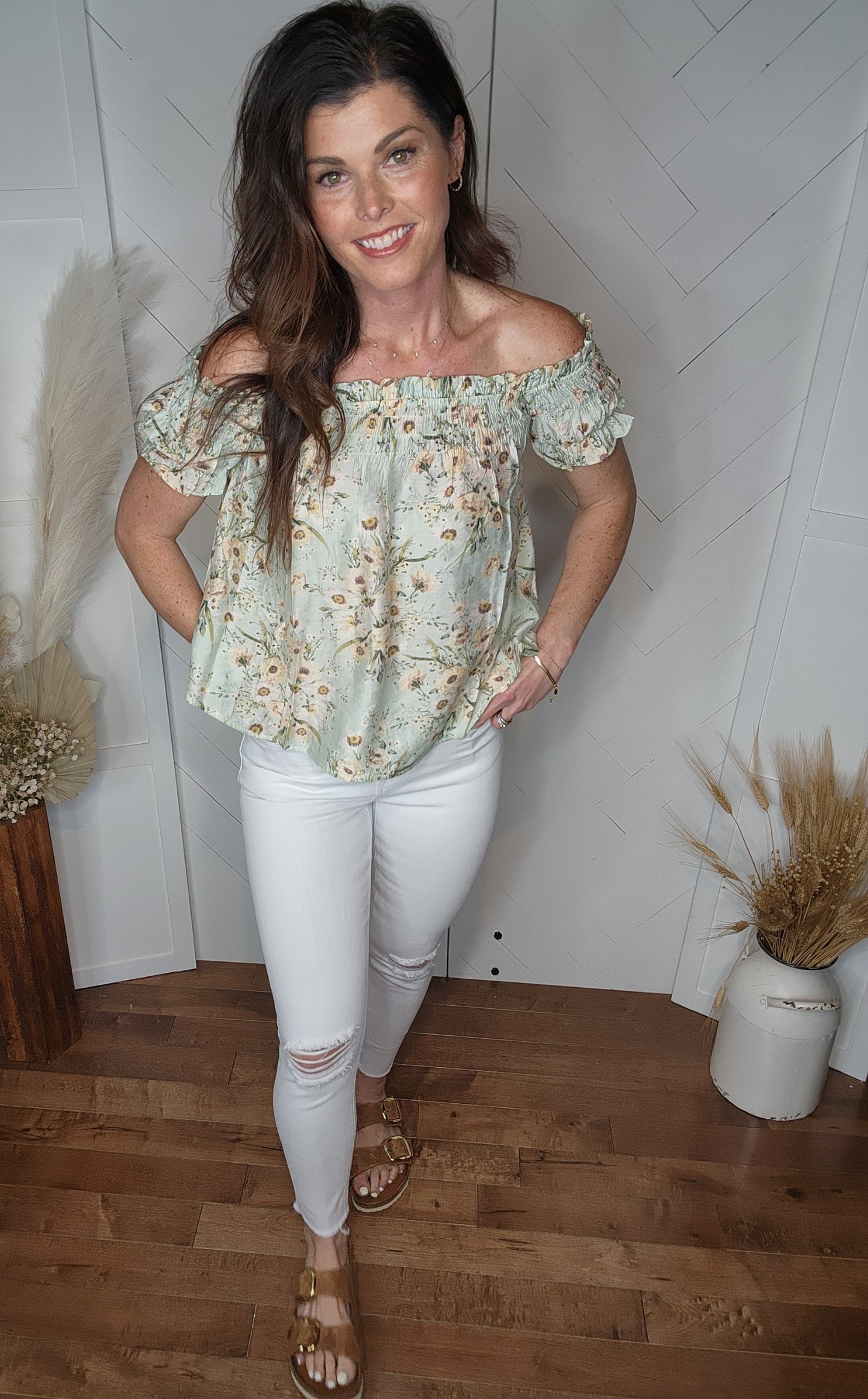 Seafoam Floral: Off the Shoulder Blouse