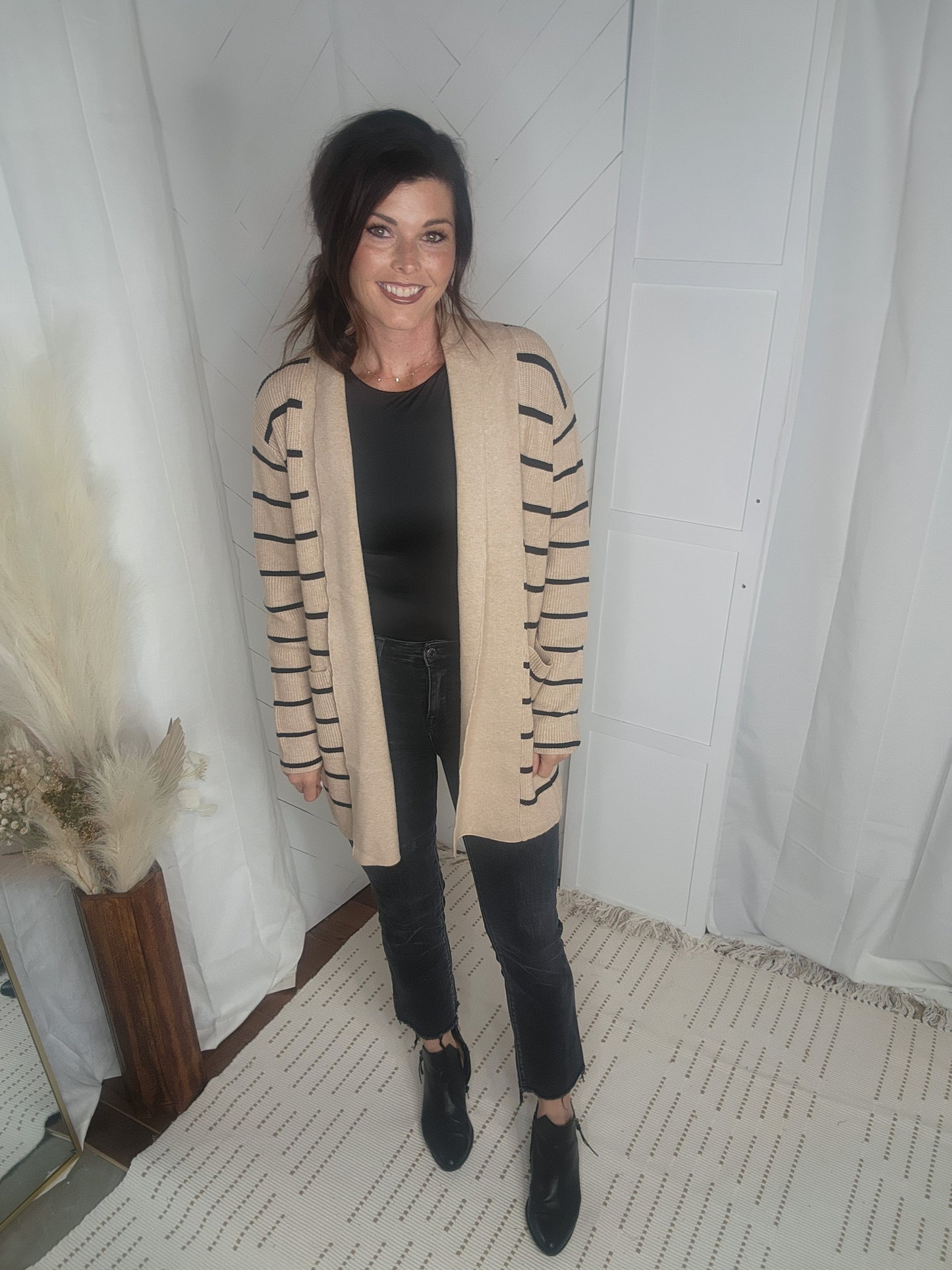 Black + Tan Striped Pocket Cardigan