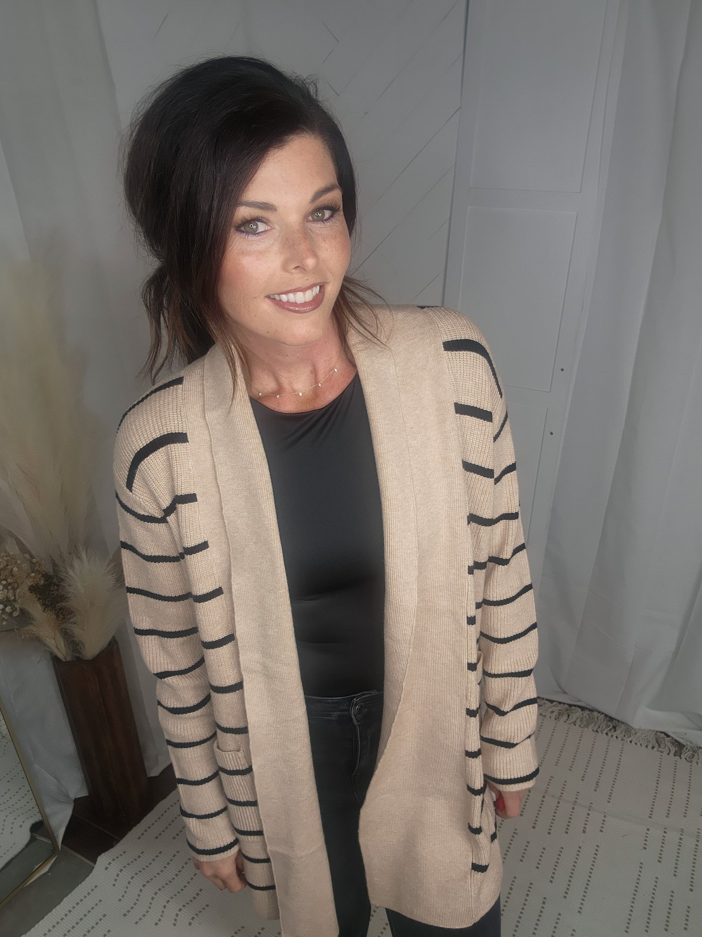 Black + Tan Striped Pocket Cardigan