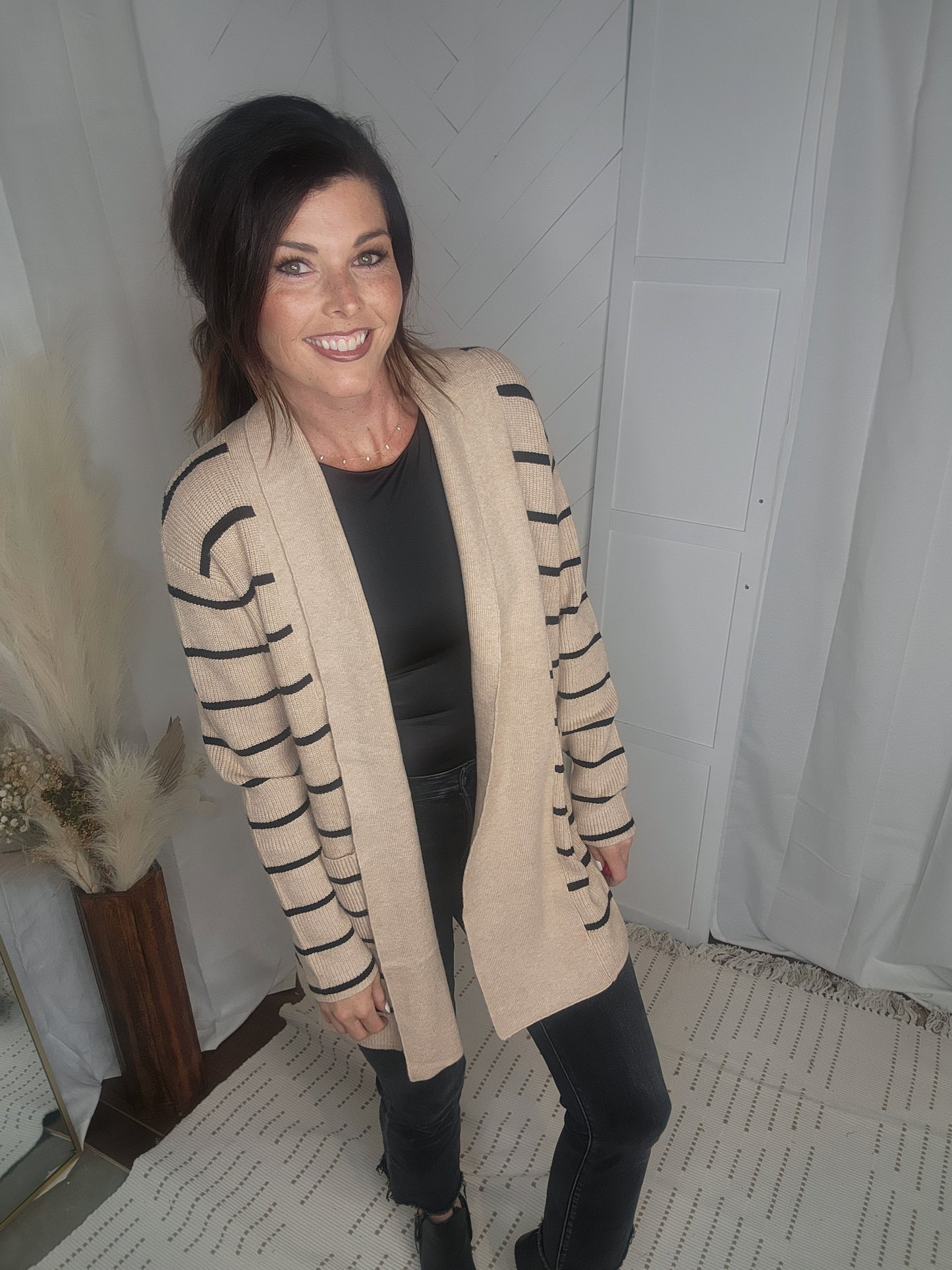 Black + Tan Striped Pocket Cardigan