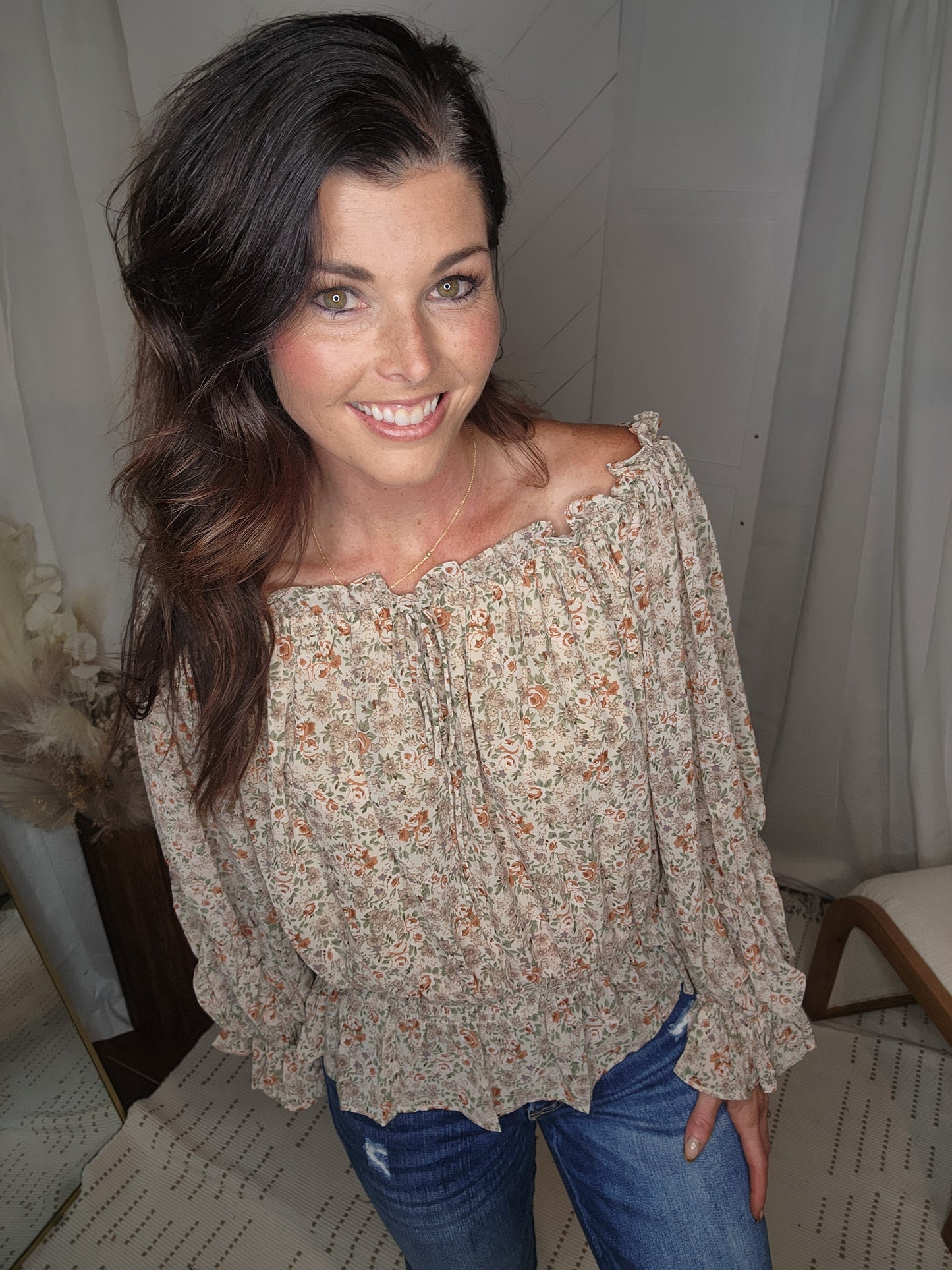 Off The Shoulder Taupe Floral Blouse