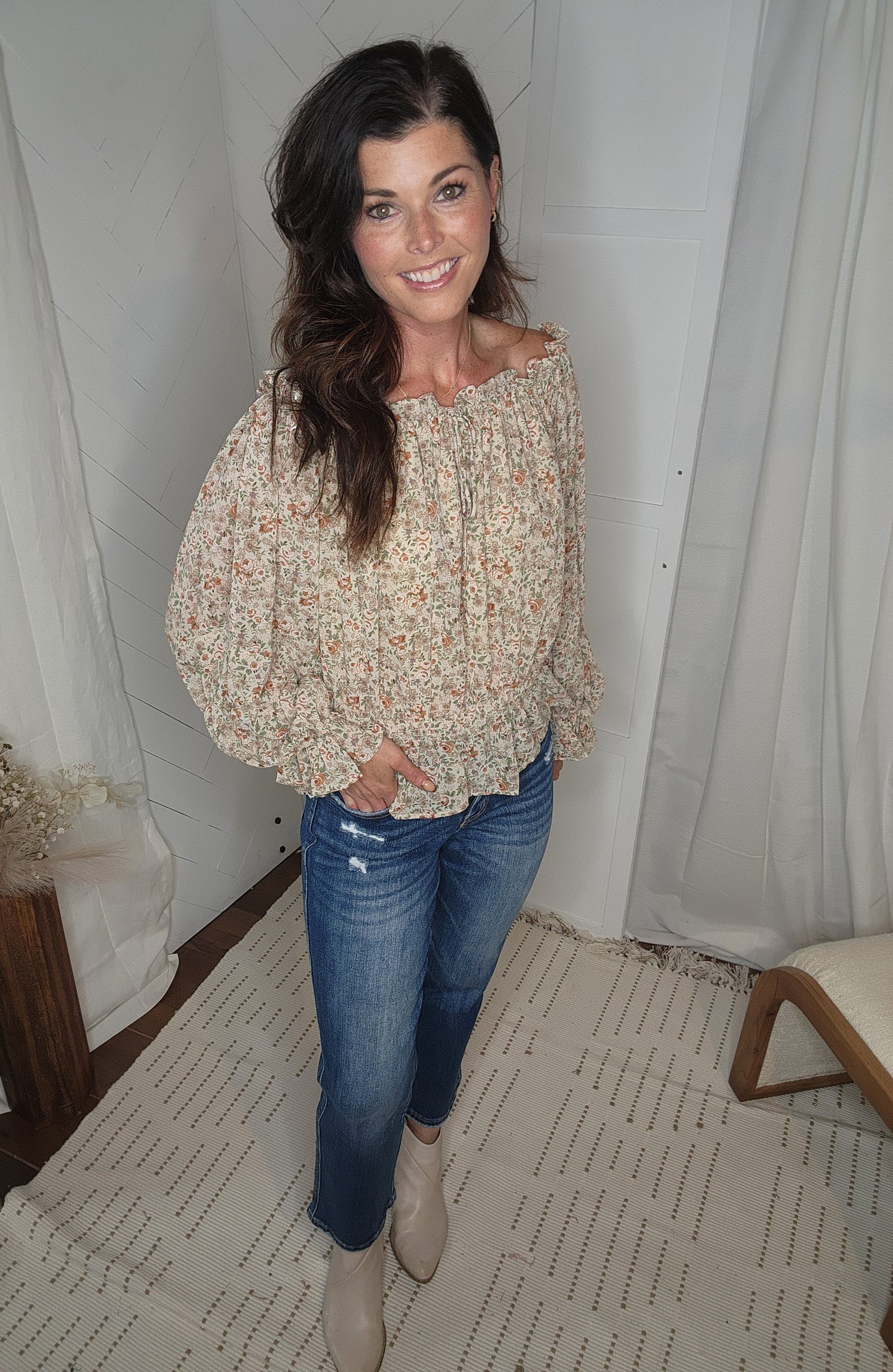 Off The Shoulder Taupe Floral Blouse