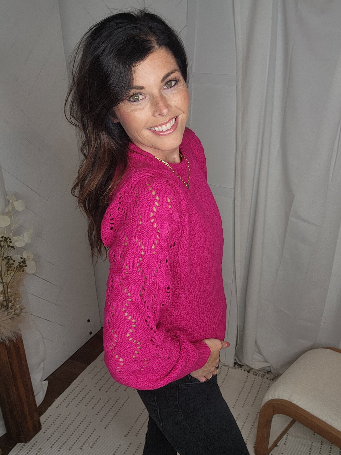 Pomegrante Puff Sleeve Sweater