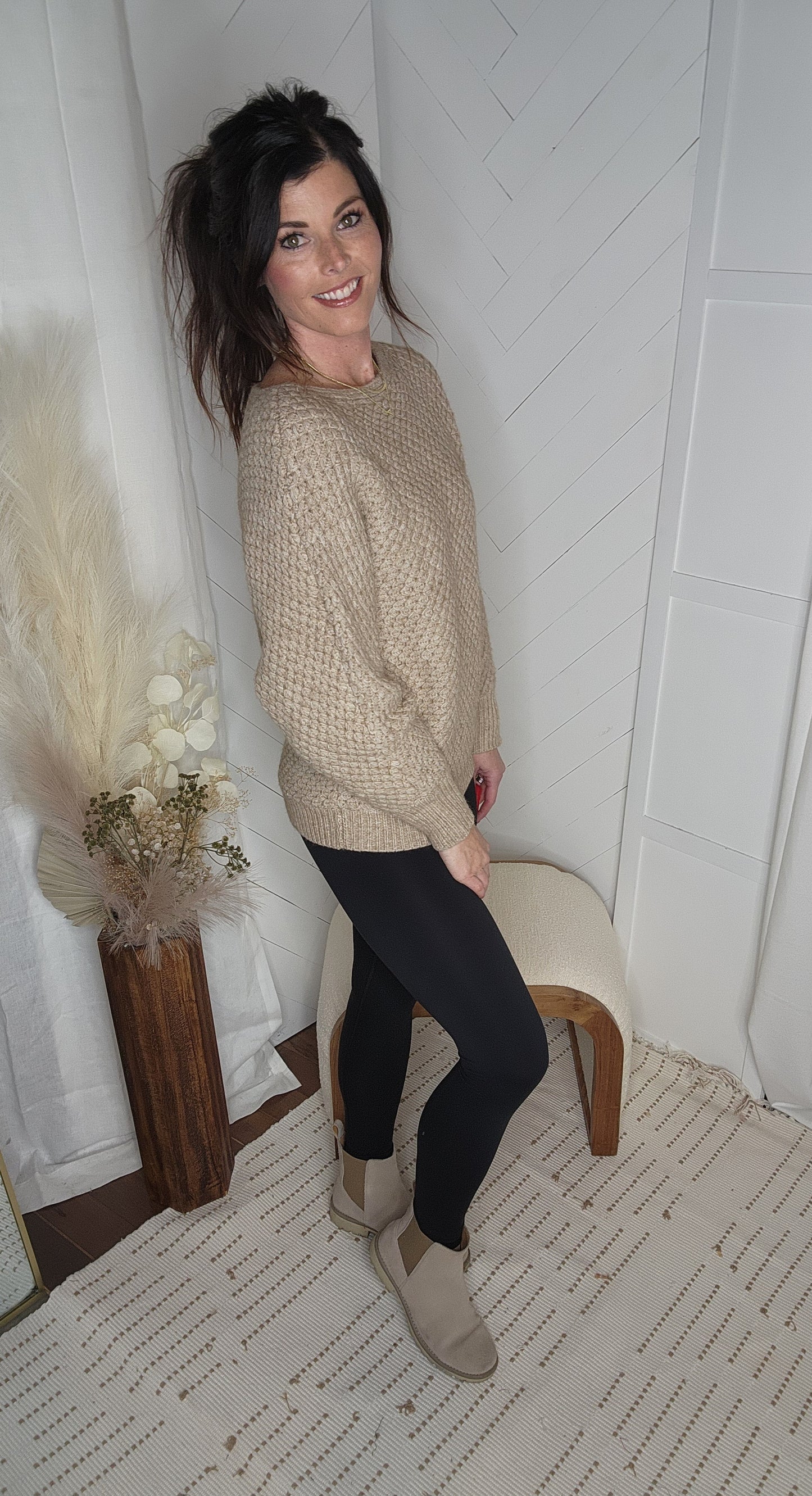 Latte Waffle Knit Sweater: Bluivy