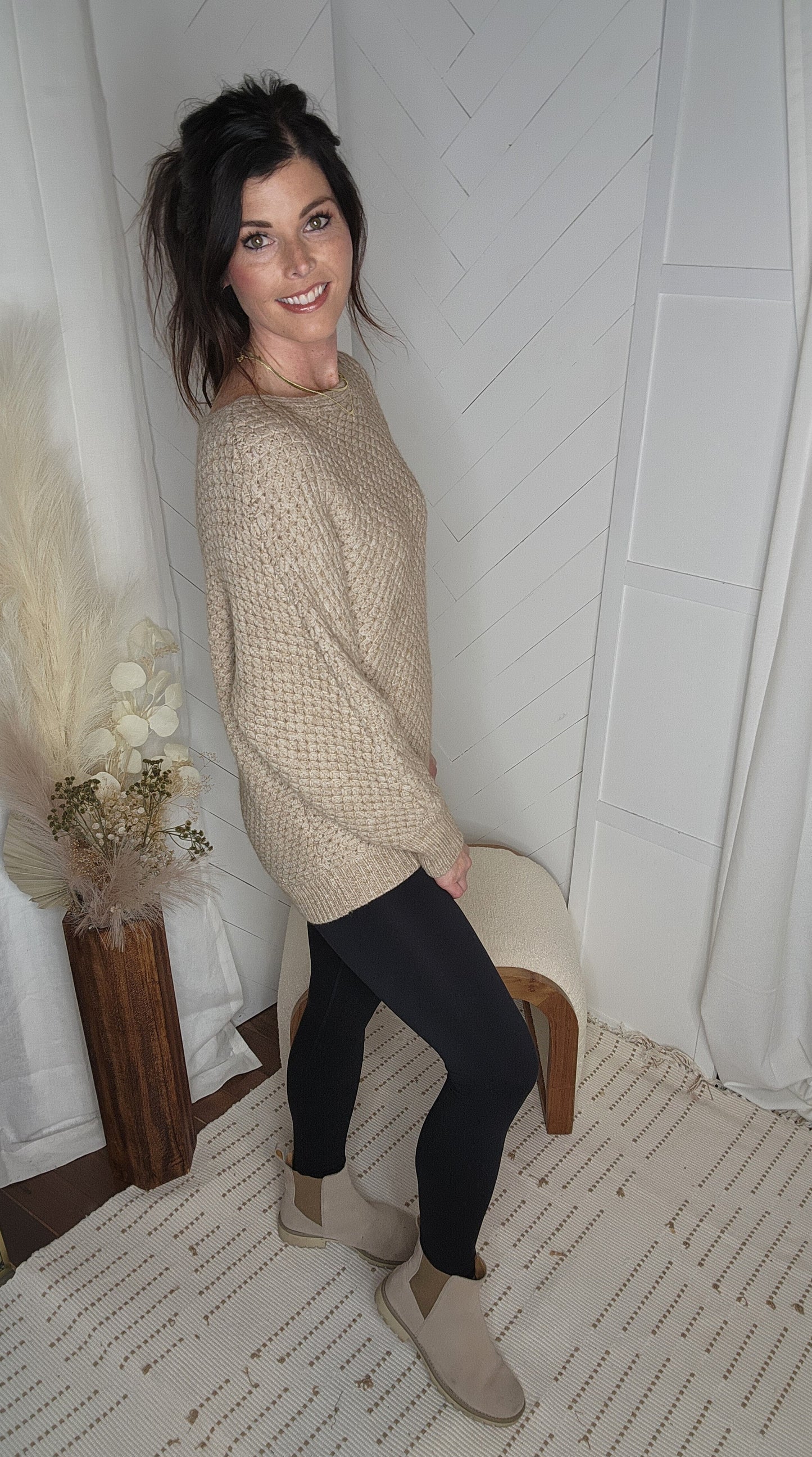 Latte Waffle Knit Sweater: Bluivy