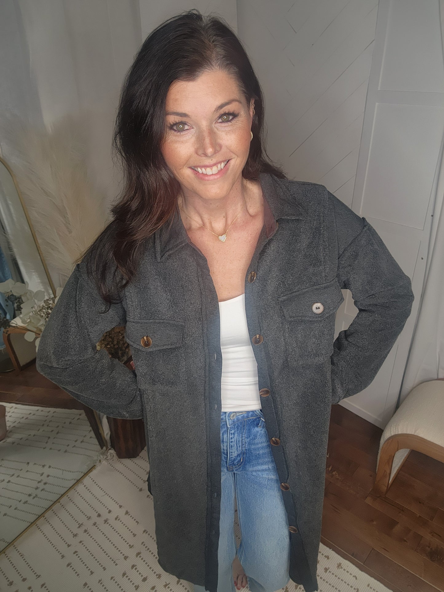 Charcoal Fleece Long Line Jacket