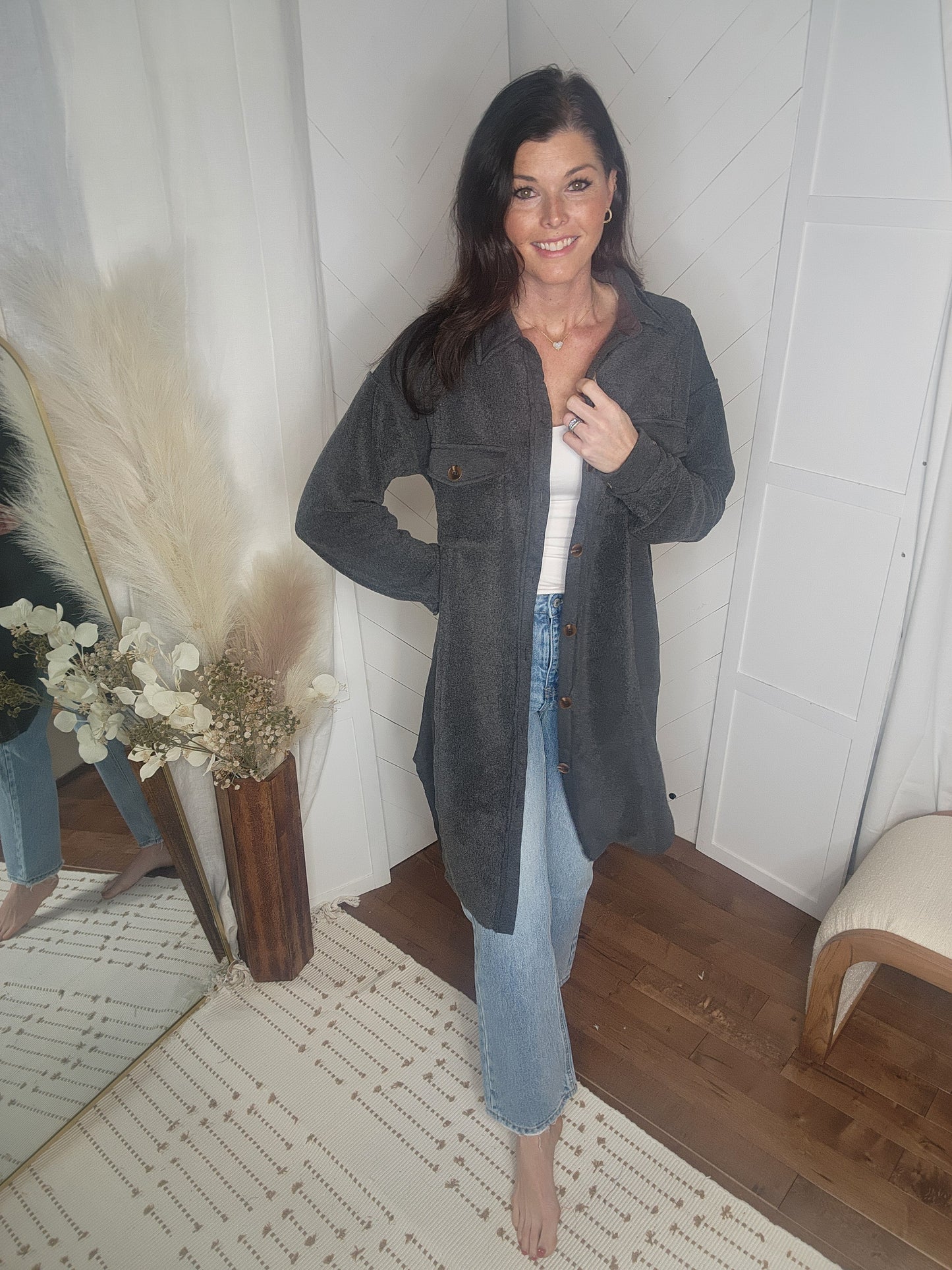 Charcoal Fleece Long Line Jacket