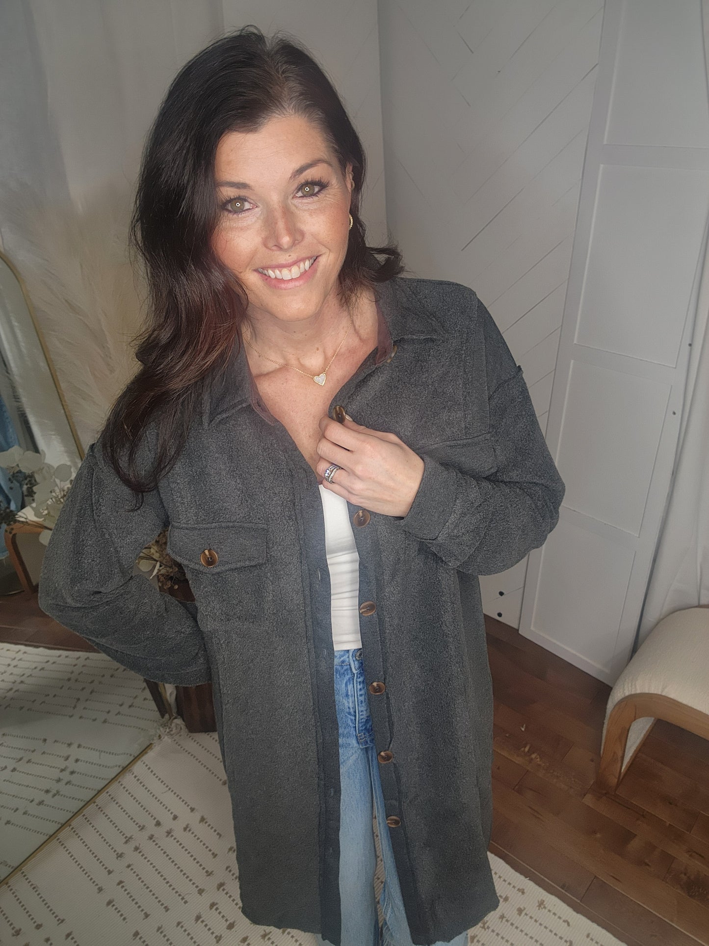 Charcoal Fleece Long Line Jacket