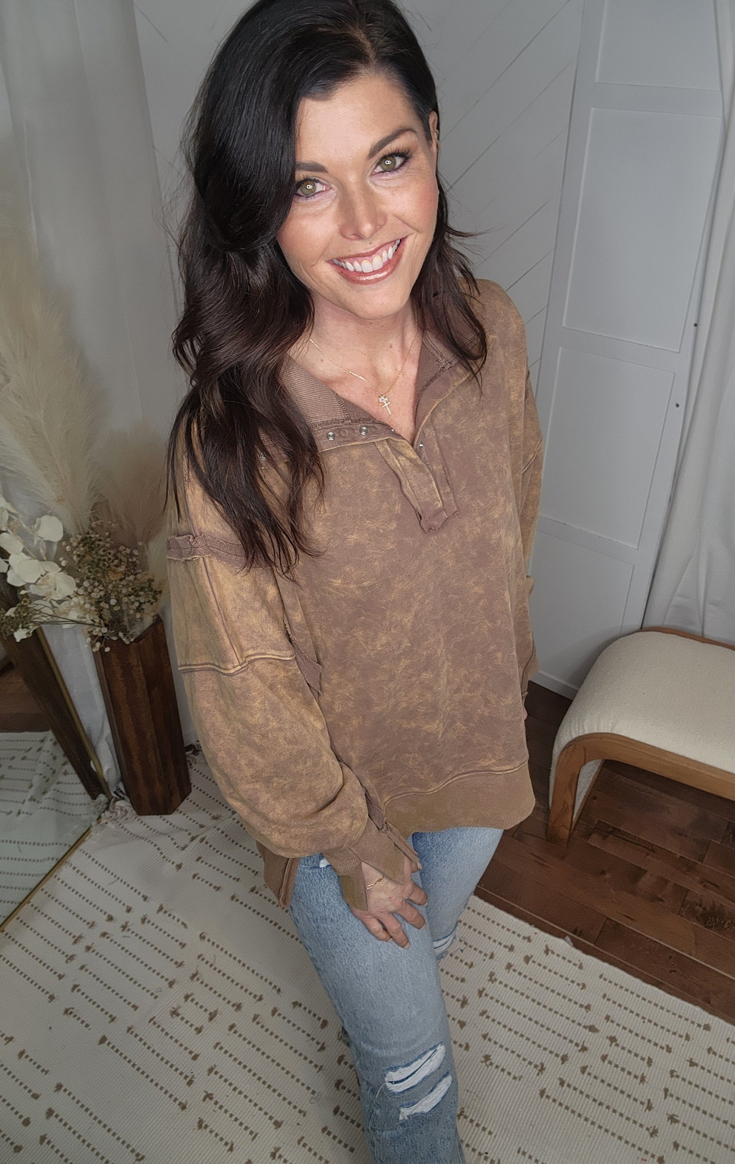 Mocha Washed Henley Sweatshirt