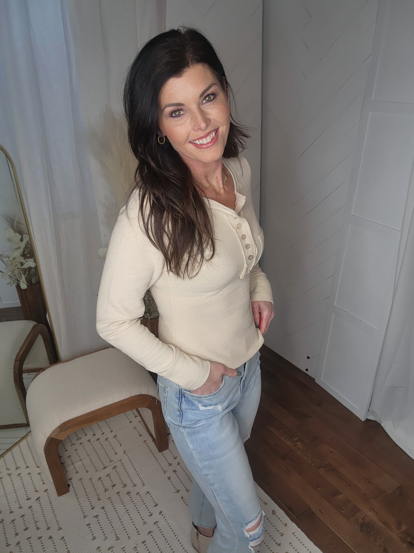 Everyday Waffle Knit Top: Cream