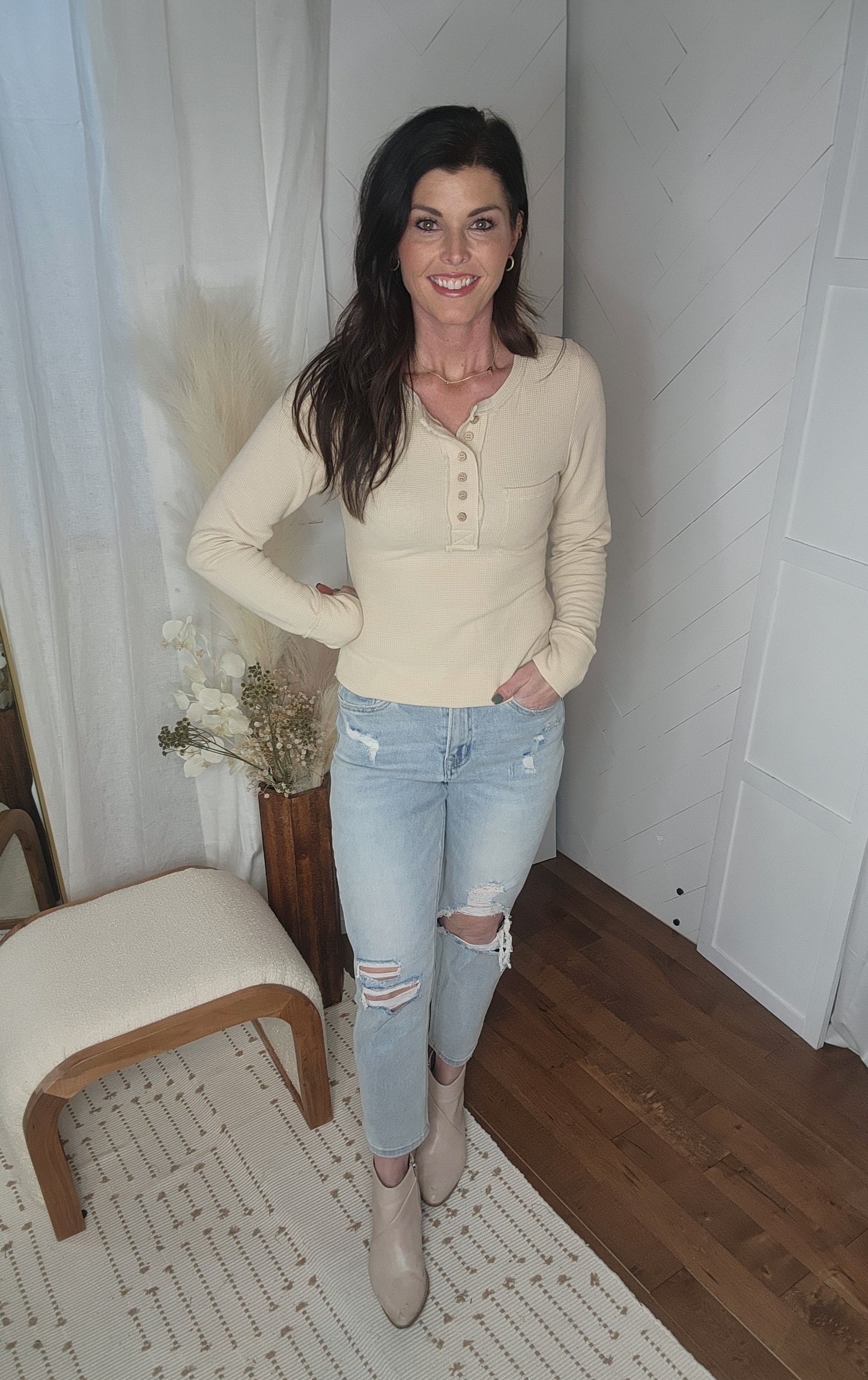 Everyday Waffle Knit Top: Cream