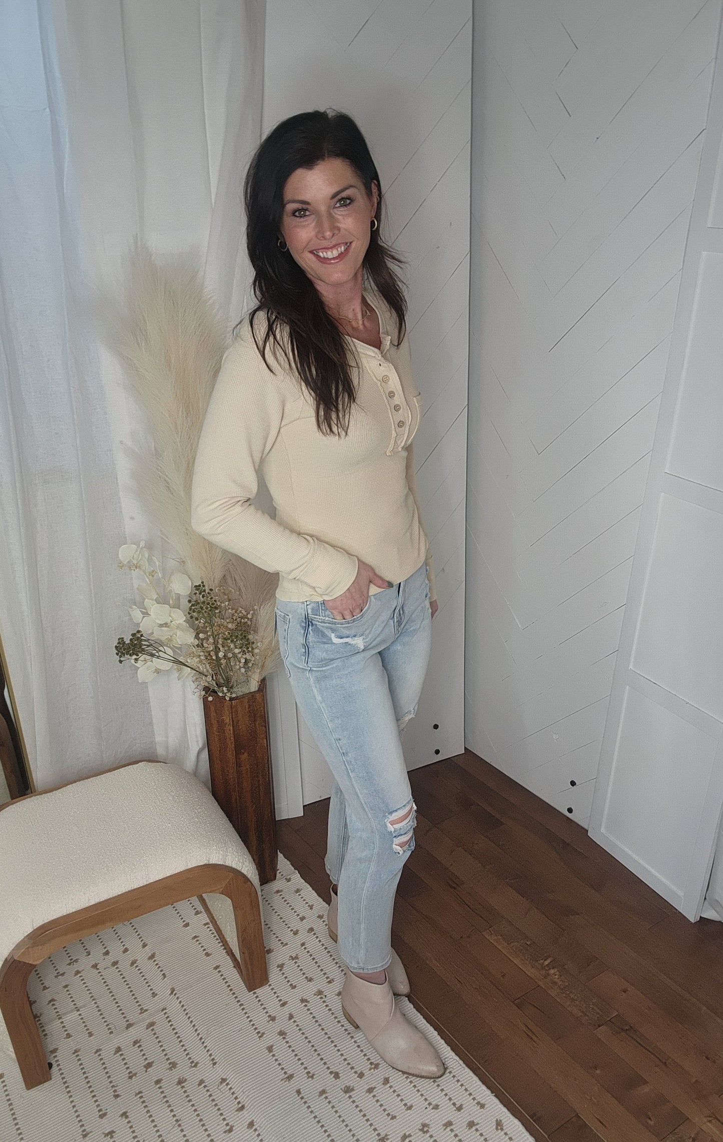 Everyday Waffle Knit Top: Cream
