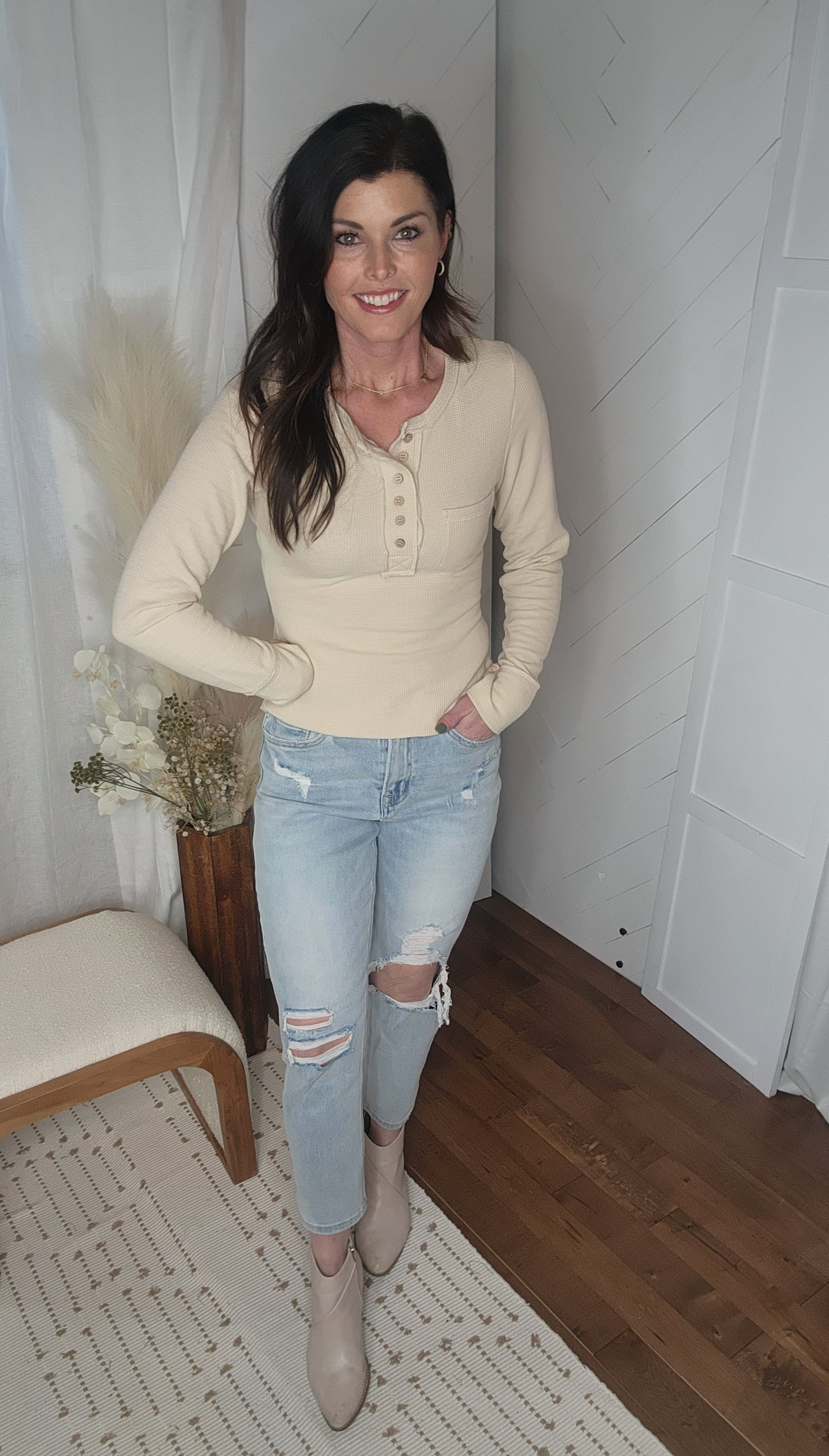 Everyday Waffle Knit Top: Cream