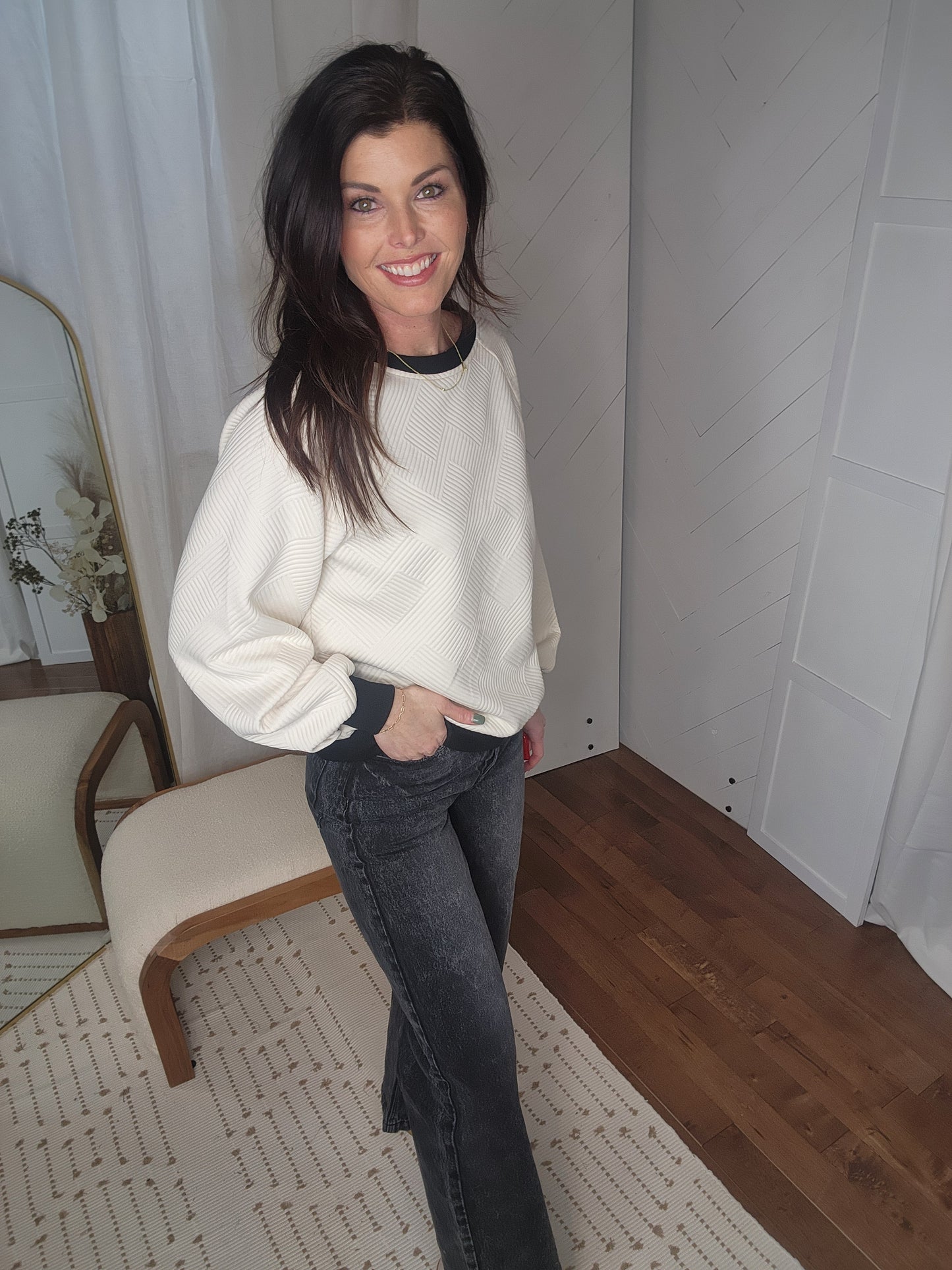 Textured Contrast Trimmed Sweater