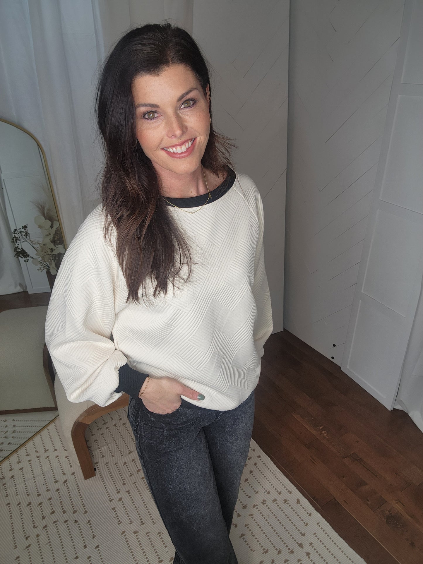 Textured Contrast Trimmed Sweater