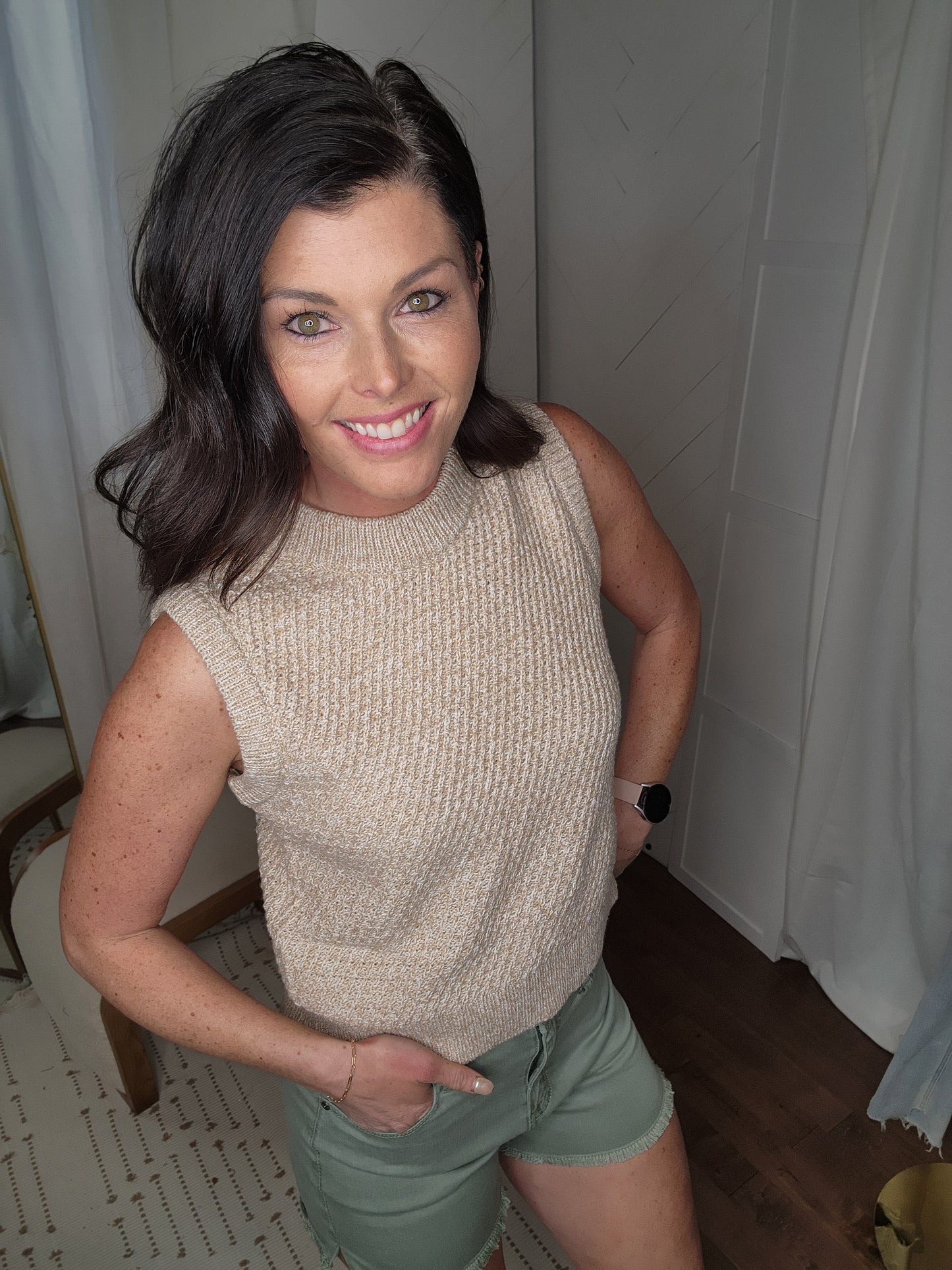 Taupe Sleeveless Crew Neck Sweater