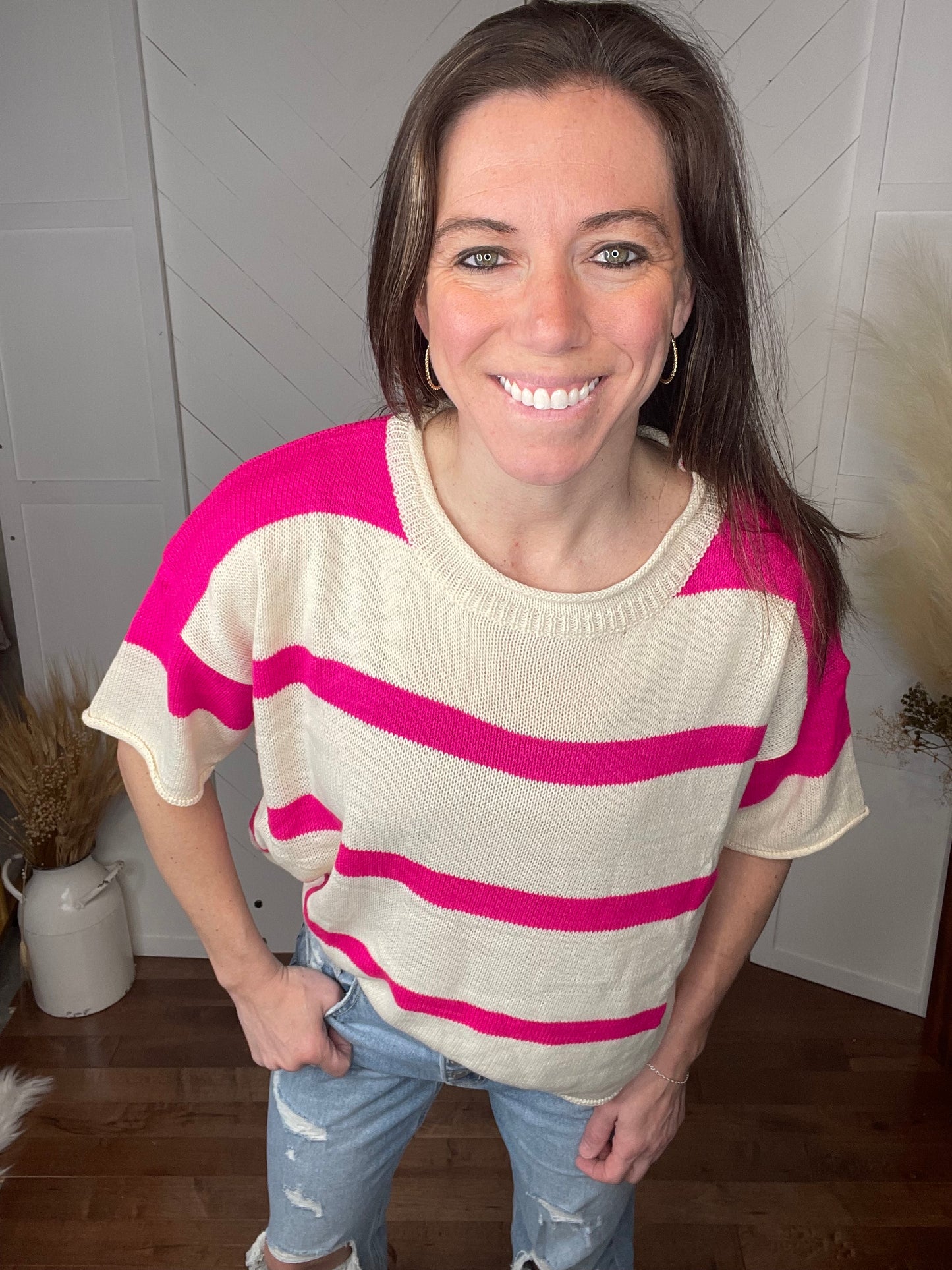 Striped Short Sleeve Sweater: Fuchsia