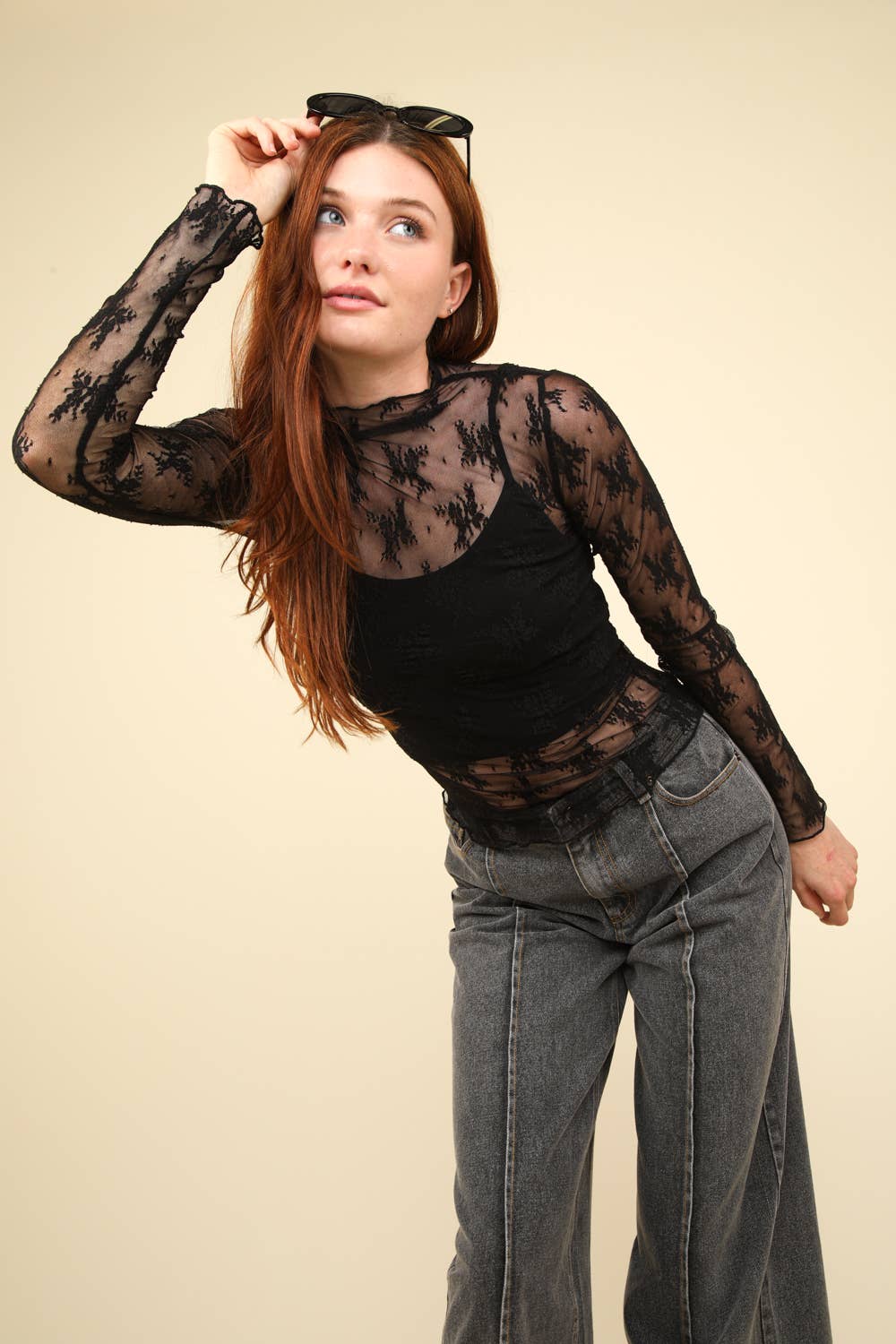 Floral Vines Mesh Lace Top: Black