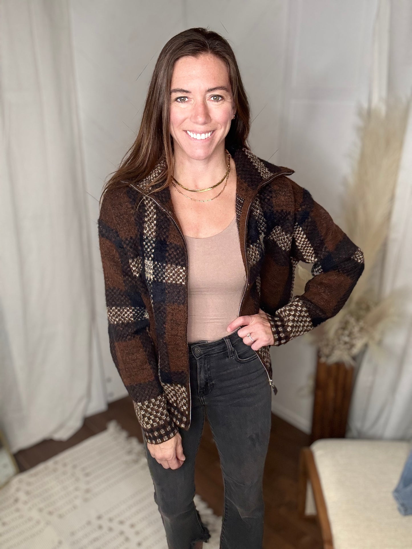 Mocha Plaid Fuzzy Knit Sweater Jacket