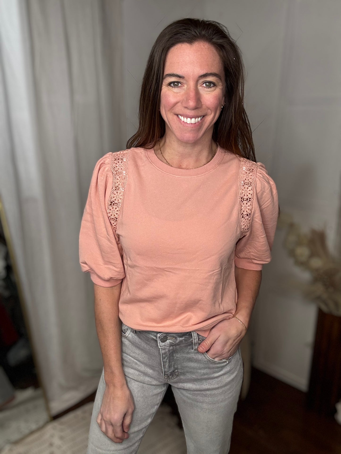 Sweet Peach Lace Sleeve Top
