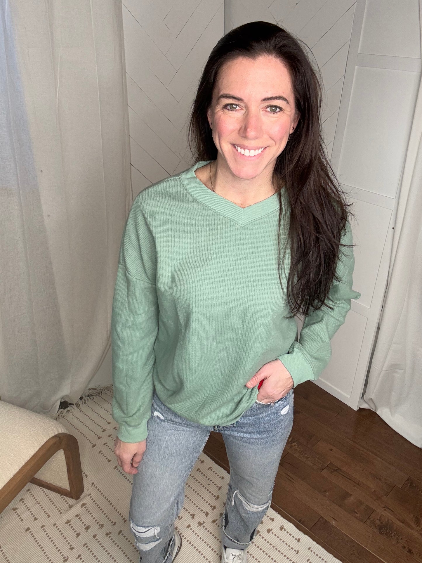 Moody Mint Waffle V Neck Top