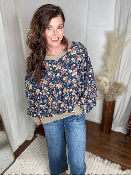 Washed Floral Denim Sweater