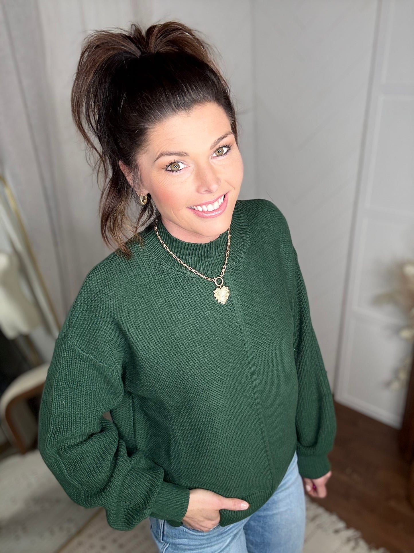 Textured Knit Forest Green Sweater