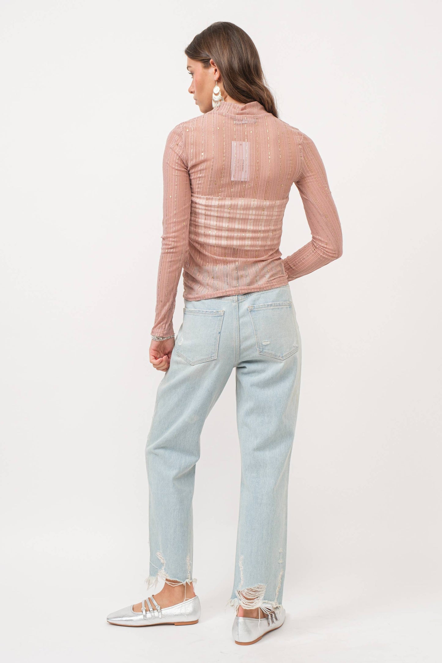 Metallic Stripe Mesh Mock Neck Top: Rose Gold