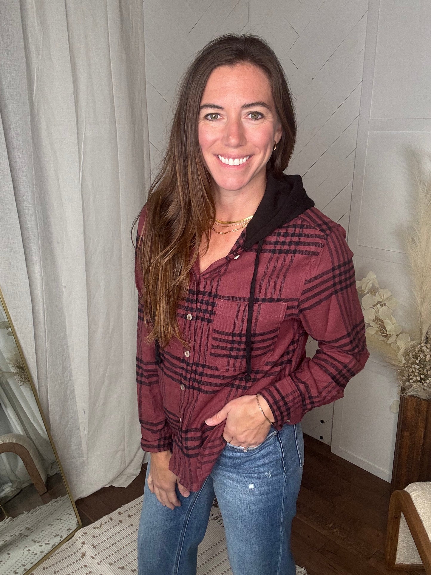 Burgundy Hooded Flannel Shirt