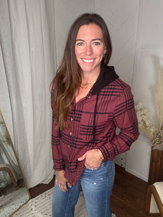 Burgundy Hooded Flannel Shirt