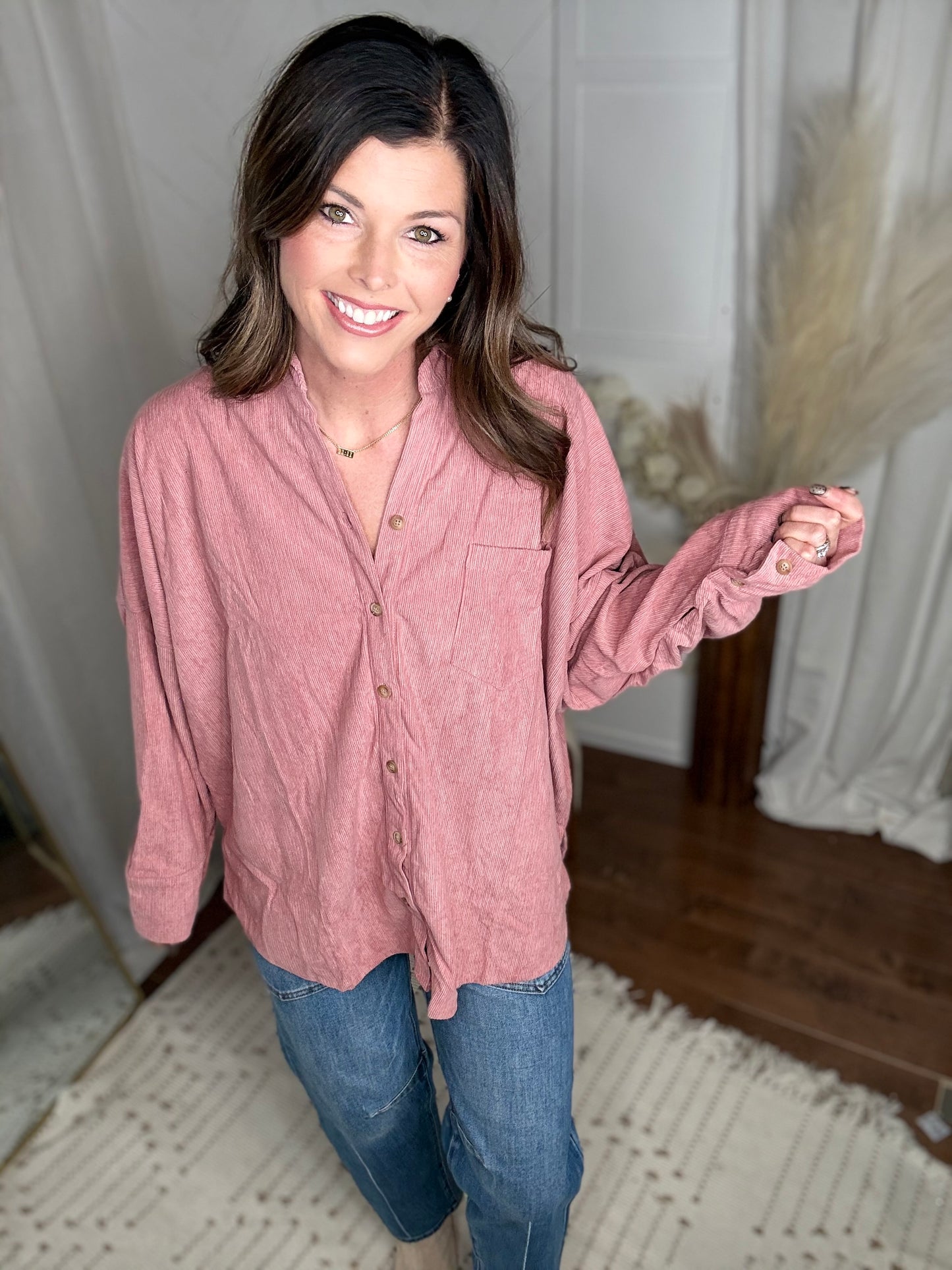 Mauve Casual Oversized Button Down Corduroy Shirt