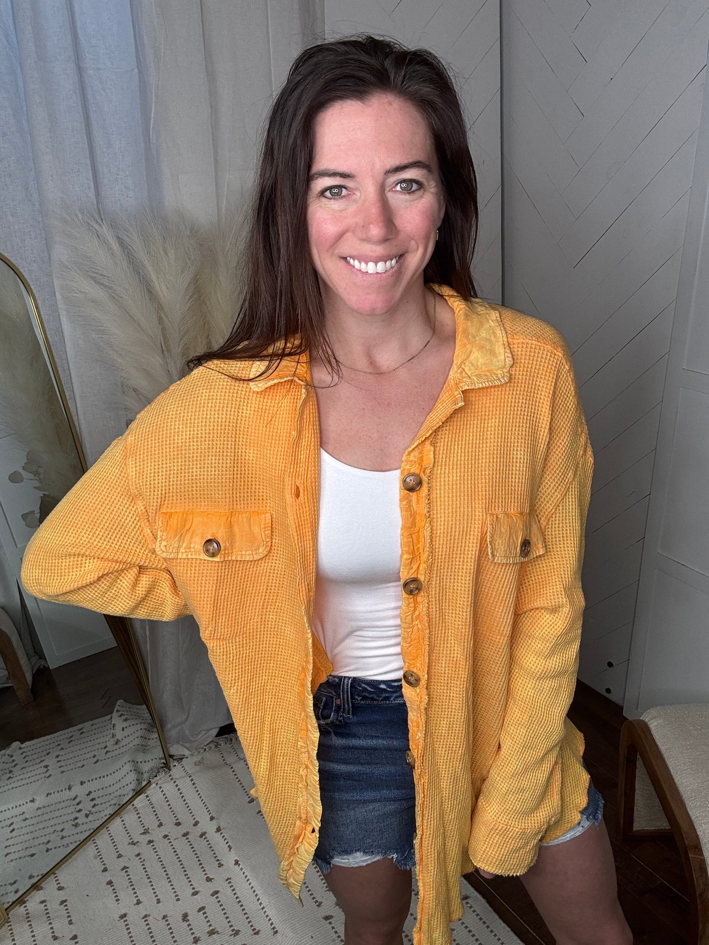 Apricot Vintage Wash Waffle Button Up