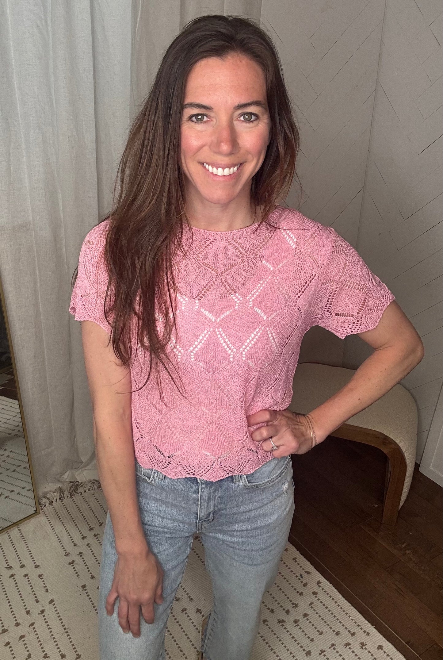 Blush Short Sleeve Crochet Crop