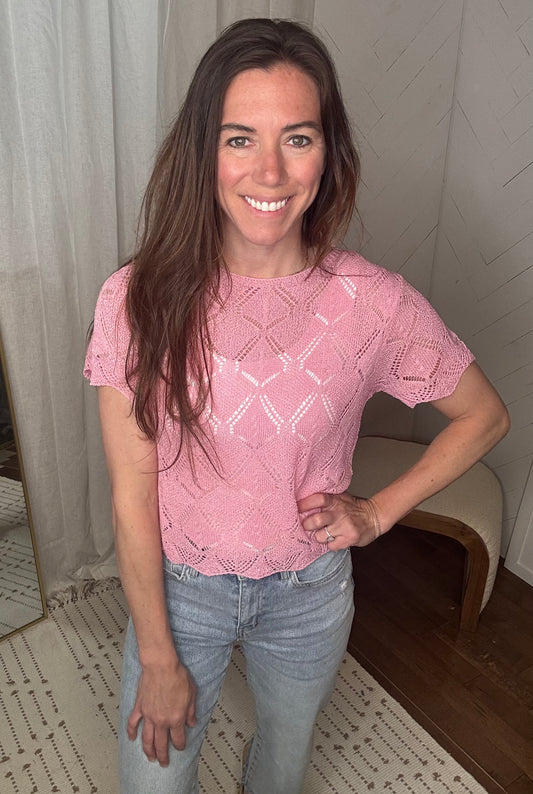 Blush Short Sleeve Crochet Crop
