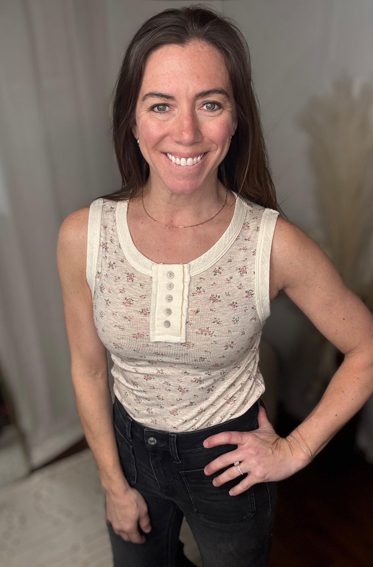 Oatmeal Floral Ribbed Button Tank