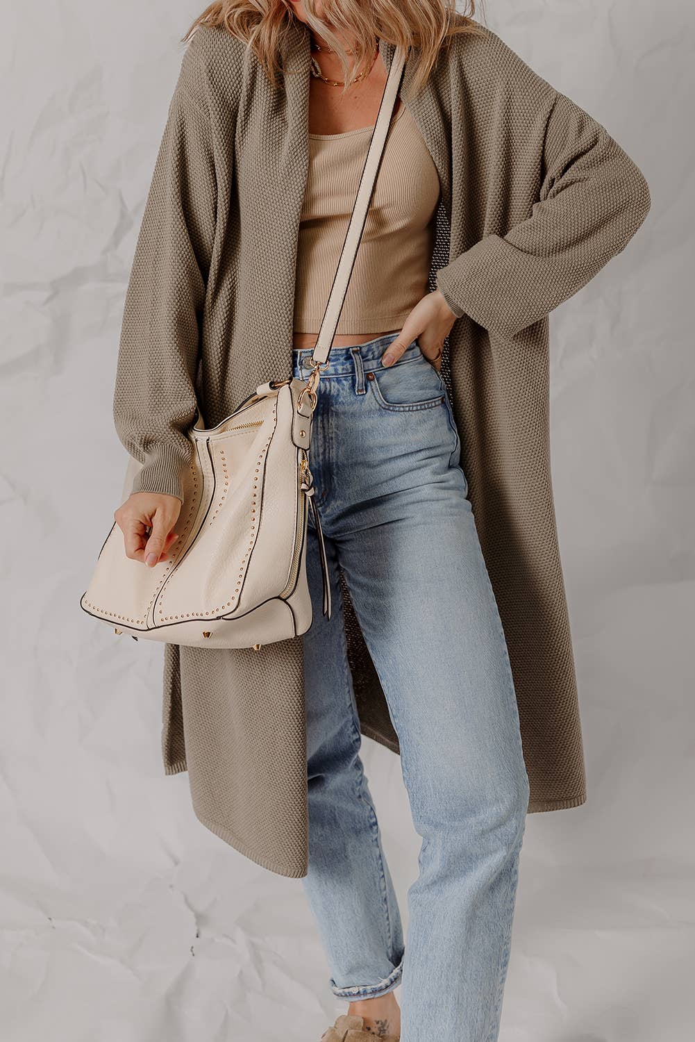 Dune Textured Open Front Oversize Midi Cardigan